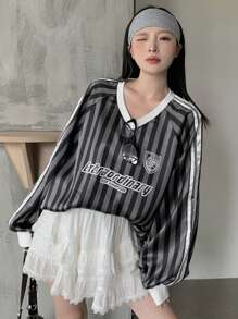 DAZY Women's Striped Casual Long Sleeve Letter Print Simple T-Shirt