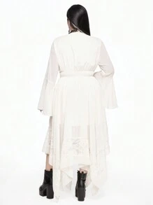 ROMWE Plus Size Gothic Deep V Flare Sleeve Asymmetric Hem Contrast Lace Cinched Waist Up White Dress - Beige - View 3