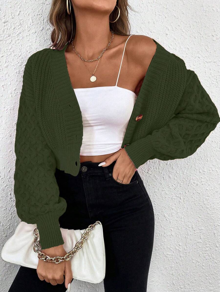 Chiquease Áo len cardigan ngắn thời trang họa tiết trơn màu sáng - xanh quân đội - Xem 1