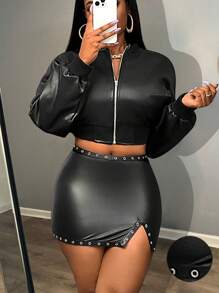 Slaydiva Falda de mujer con leggings internos en negro PU de cintura alta, con decoración de ojales y cinta, estilo casual urbano joven