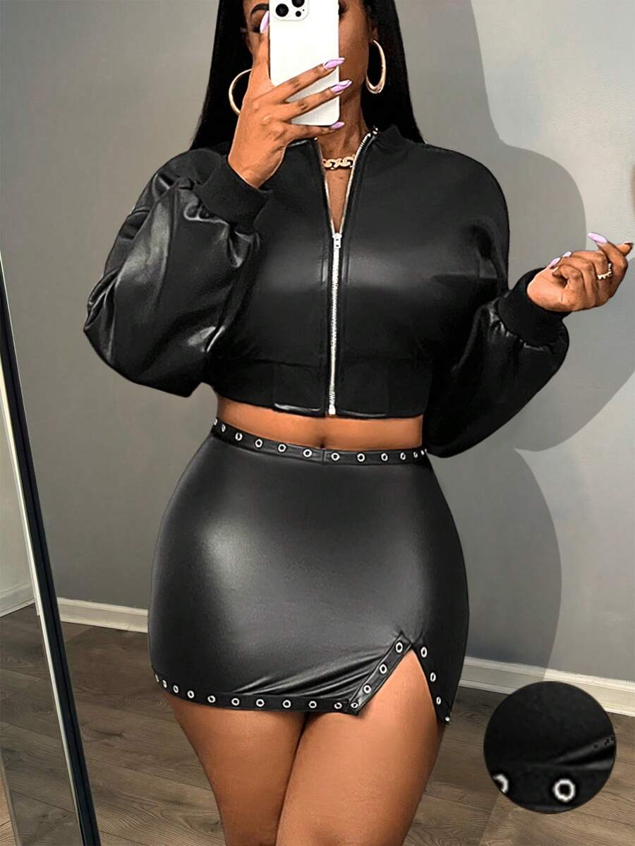 Slaydiva Falda de mujer con leggings internos en negro PU de cintura alta, con decoración de ojales y cinta, estilo casual urbano joven