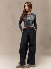 MISSGUIDED 高腰工装裤阔腿系带腰街头风战斗实用裤节日狂欢裤全季时尚个性口袋 - 黑色 - 查看 4