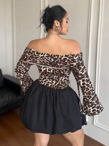 Flirla Plus Size Off Shoulder Tie-Up Ruffle Leopard Print Patchwork Flare Sleeve Elegant Dress, Suitable For Date, Party And Gathering