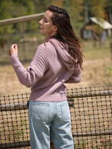 SHEIN LUNE 女士纯色立领罗纹针织休闲长袖套头毛衣，秋冬季款 - 紫色 - 查看 2