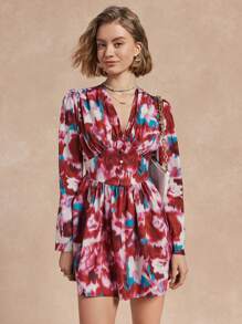 SHEIN Unity 女式 V 领长袖印花褶饰休闲迷你连衣裙，适合新年服装 - 紅色 - 查看 5