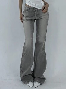 DAZY Women's Washed Distressed Low Waist Flared Jeans