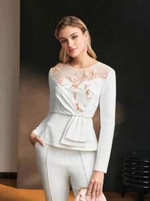 MOTF Soiréza EMBROIDERY FLORAL MESH INSERT PEPLUM TOP - White - View 7