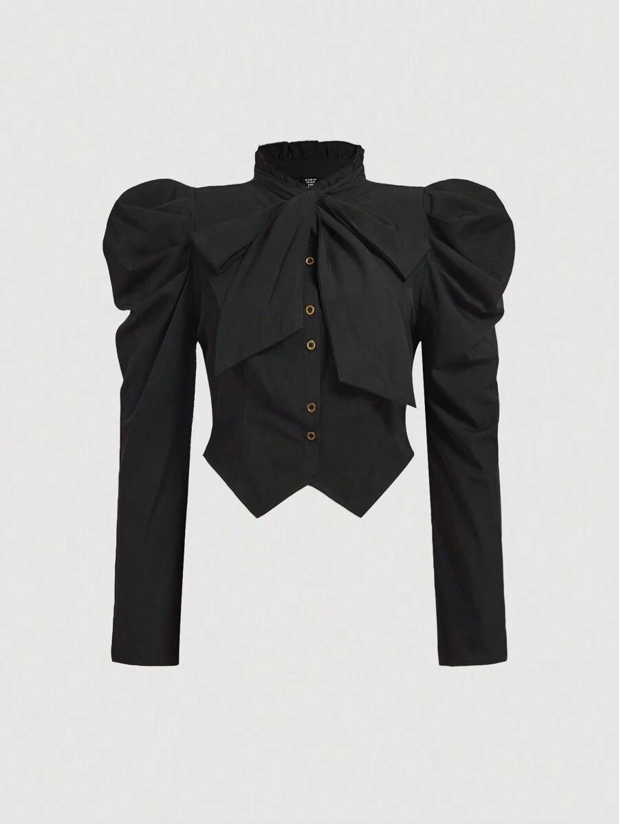 SHEIN MOD Camisa de mujer de talla grande con mangas gigote, cuello obispo y botones metálicos de color blanco - Negro - Ver 1