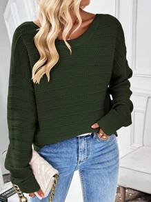 SHEIN LUNE Pulover minimalist cu detaliu de fundă în culoarea unui singur model, potrivit pentru ținute casual de zi cu zi, pulover tricotat toamna și iarna - Verde Armată - Vizualizare 2