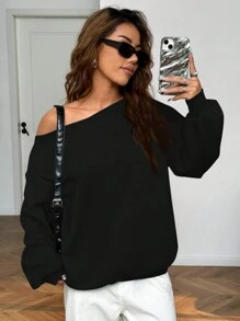 SHEIN EZwear 女士宽松斜肩保暖内衬运动衫，黑色，秋冬 - 黑色 - 查看 4