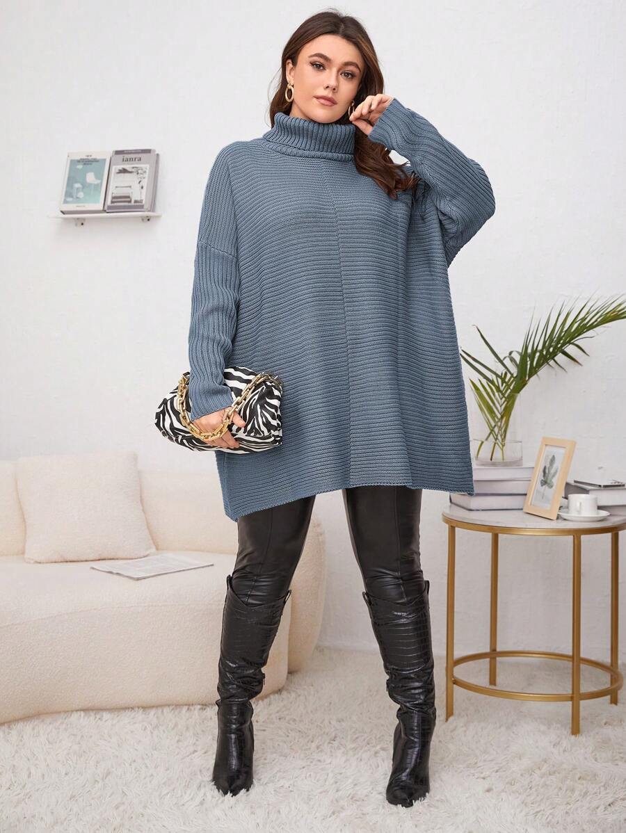 SHEIN LUNE Plus Size Turtleneck Long Sleeve Casual Pullover Sweater, Solid Color, For Winter Knit Pullover Fall - Dusty Blue - View 1