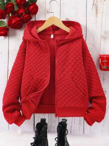 SHEIN 1 件女童纯色前拉链长袖连帽衫，带口袋，简约设计 - 紅色 - 查看 1