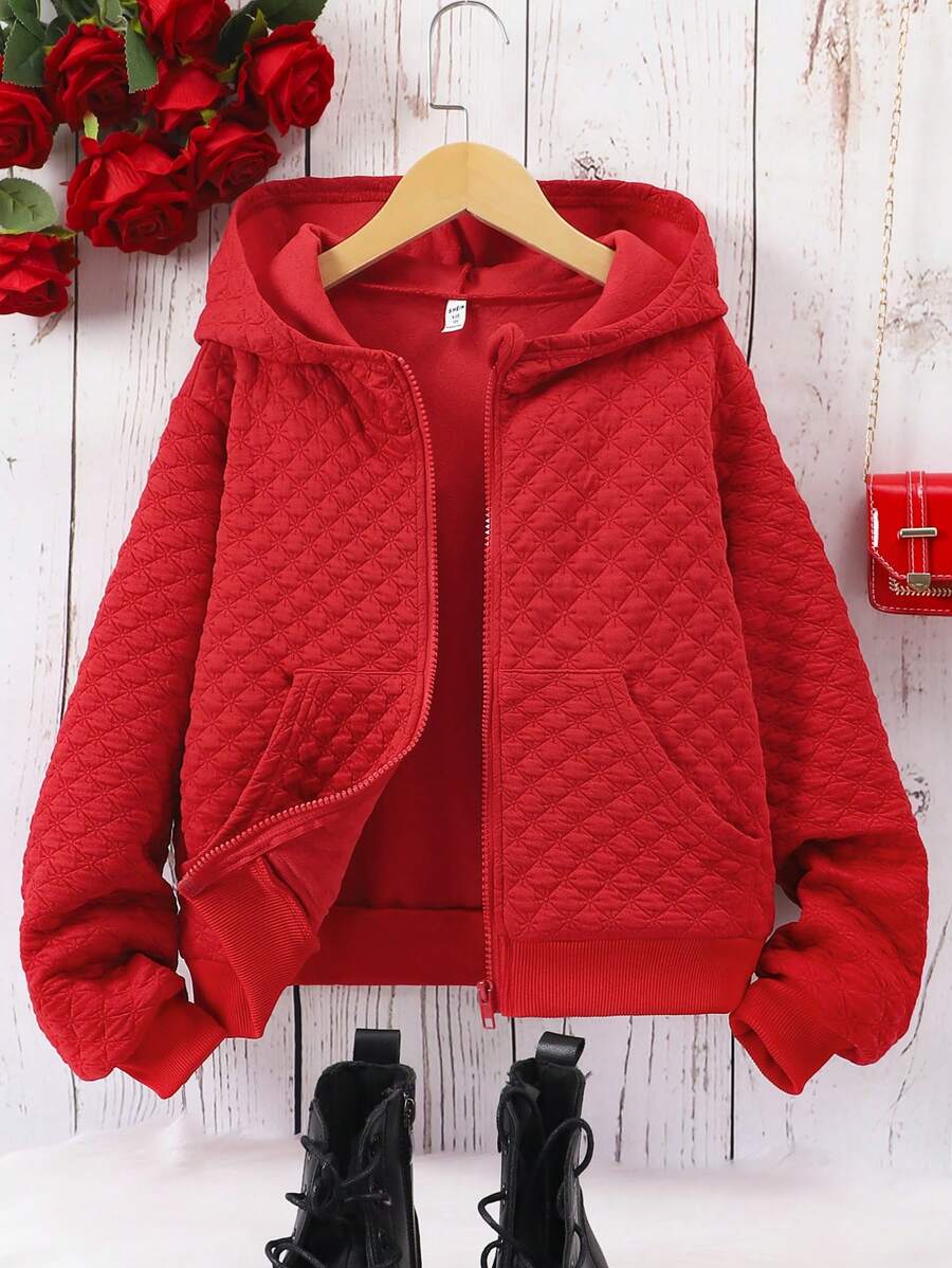 SHEIN 1 件女童纯色前拉链长袖连帽衫,带口袋,简约设计 - 紅色 - 查看 1