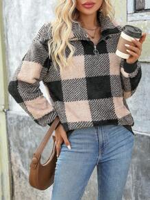 SHEIN LUNE 女士前拉链长袖格子休闲套头卫衣，秋季款 - 杏色 - 查看 3