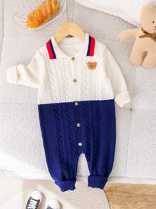 SHEIN Newborn Baby Boys/Girls Casual Cute Bear Graphic Contrast Color Warm Sweater Jumpsuit, Suitable For Autumn/Winter Indoor & Outdoor Wear