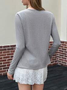 SHEIN Bubbli Women's Solid Color Front Tie Long Sleeve Casual Cardigan, Autumn Fall Cloth For Women - Grey - View 3