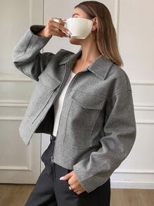 DAZY 1pc Women's Solid Color Loose Long Sleeve Zipper Collar Jacket,Fall Women Clothes Women Coats - Grey - View 3