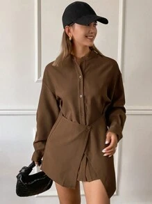 Livesso 女士休闲纯色长袖立领二合一长款宽松衬衫，春季、秋季服装，返校服装