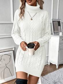 EMERY ROSE 女士纯色高领针织毛衣裙，休闲日常穿着，秋冬季 - 白色 - 查看 3