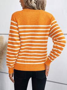 SHEIN LUNE Áo len nữ tay raglan kẻ sọc cài nút, kiểu dáng thường ngày, thích hợp mặc mùa thu/đông. - trái cam - Xem 2
