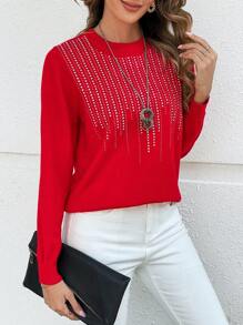 EMERY ROSE Red Sweater Rhinestone-Embellished Long-Sleeve Round Neck Pullover Sweater - Red - View 5