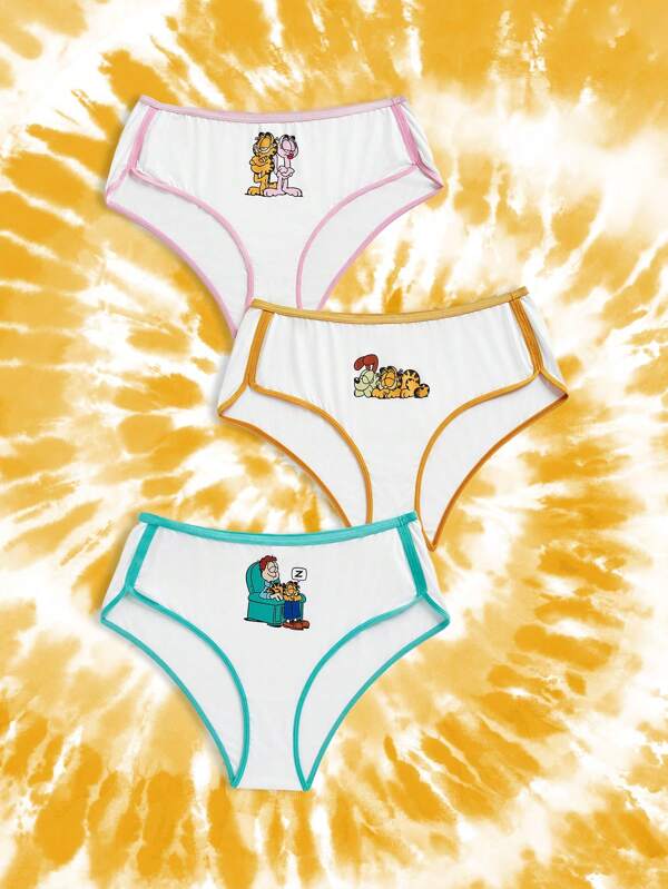GARFIELD X SHEIN 3pcs/Pack Plus Size Women's Comfortable Casual White Cartoon Print Underwear