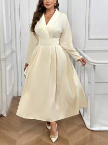 SHEIN Privé Plus Size Women Elegant Office Lady Apricot Shawl Neck Cinched Waist Long Sleeve A-Line Shirt Dress, Suitable For Fall & Winter