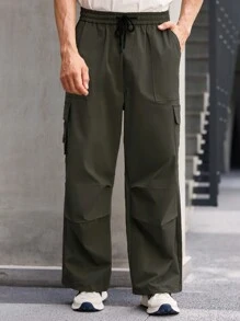 Manfinity Homme Men's Solid Color Pocket Drawstring Casual Pants, Versatile - Army Green - View 3