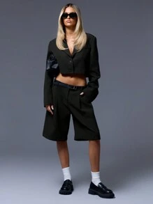 MUSERA Tailored Cropped Blazer Notched Lapel Single Breasted Elegant Professional Business Casual Vacation Fall Winter Autumn Work Office Old Money Date Night Going Out Back To School Wedding Guest Christmas Suit Cute Everyday Capsule Wardrobe Capsule Wardrobe Black