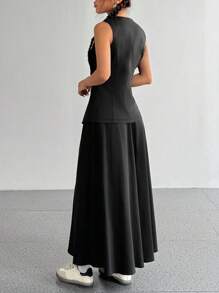 Flirla Women 2 Pieces Set, Casual Front Button Tank Top And Solid Color A-Line Skirt, Suitable For Commuting, Autumn - Black - View 2