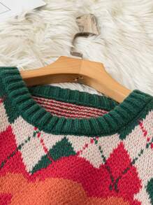 Flirla 加大码圣诞菱格纹毛衣，复古小熊图案，针织套头衫，秋冬款 - 彩色 - 查看 4
