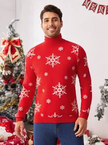 Manfinity VCAY Men's Loose Dropped Shoulder High Neck Long Sleeve Casual Knitted Sweater, Suitable For Autumn/Winter, Christmas, Couple & Family Matching - Red - View 5