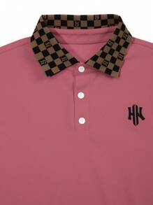 Manfinity Homme 男士秋季休闲格纹拼布字母刺绣 Polo 衫 - 珊瑚粉 - 查看 4