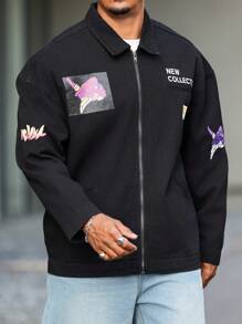Manfinity LEGND Plus Size Men Letter & Graphic Print Zipper Front Casual Denim Jacket, Versatile Style