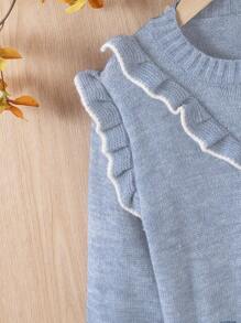 Herfst/Winter Franse Stijl Contrasterende Kleur Ruffle Zoom Schattige Ronde Hals Trui Pullover Lange Mouw Meisjes Jonge Meisjes Gebreide Trui, Geschikt Voor Buitensporten En Casual Thuiskleding