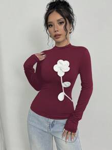 Firerie Women's Autumn Elegant Vintage Floral Print Tight Fit Long Sleeve T-Shirt, Suitable For Work And Holiday