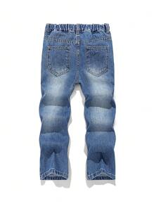 SHEIN 年轻男孩休闲破洞宽松蓝色牛仔裤，适合秋冬季日常装 - 中等水洗藍 - 查看 2