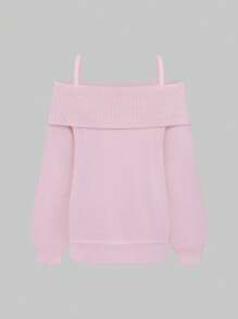 ROMWE 女士翻领露肩灯笼袖纯色毛衣，别致，性感