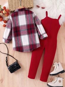 SHEIN 2pcs/Set Young Girl Vintage Plaid Shacket And Casual Minimalist Strap Jumpsuit Outfit, Spring & Autumn - Red - View 2