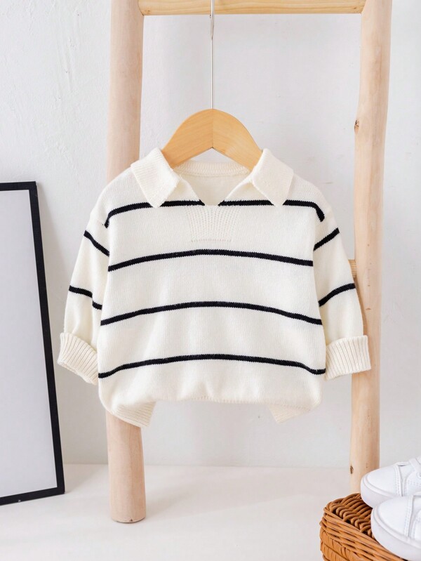 SHEIN Baby Boy/Girl Casual Multi-Color Stripe Knit Collared Half Zip Pullover Sweater