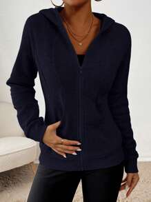 SHEIN Essnce Women's Casual Fashion Slim Fit Regular Hooded Long Sleeve Coat Zip Up Women Hoodie Essentials Hoodie Women Tracksuit Workout Jacket Fall Women Clothes - Navy Blue - View 6