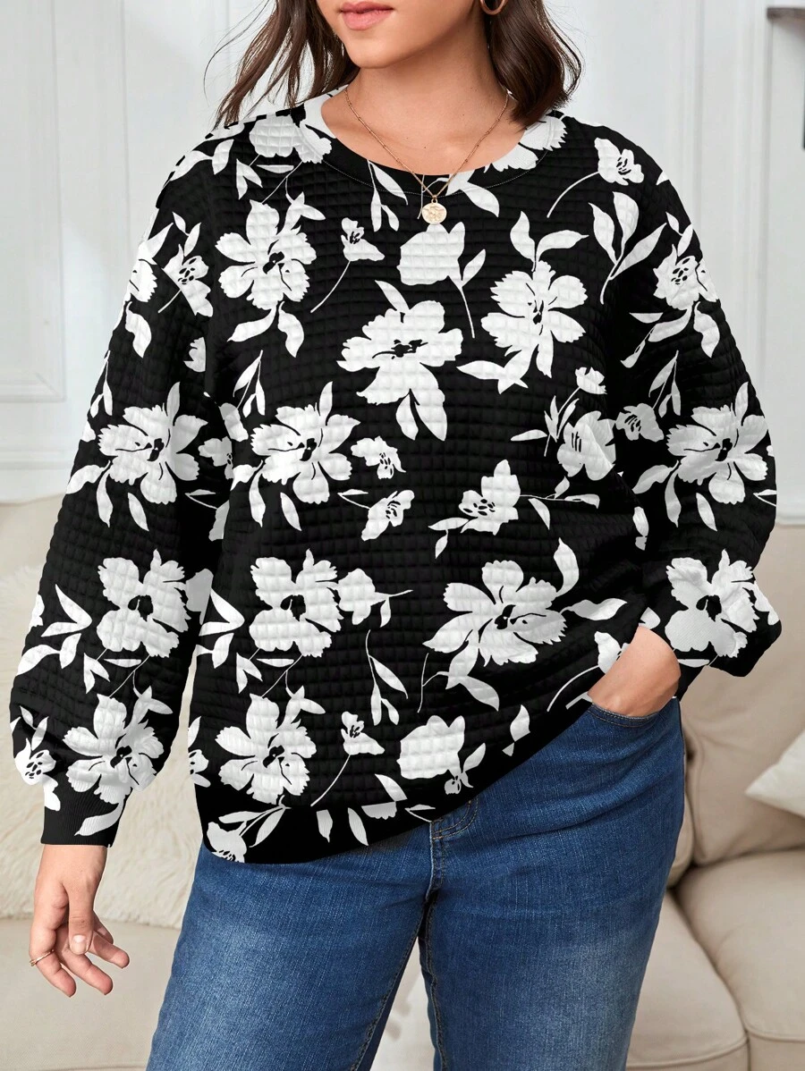 SHEIN LUNE Minimalist Casual Monochrome Floral Waffle Pattern Loose Fit Sweatshirt, Plus Size, For Autumn/Winter
