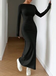 SHEIN EZwear Váy đuôi cá xếp ly màu trơn thanh lịch ôm vừa vặn cho nữ - màu đen - Xem 3