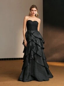 MOTF PREMIUM ORGANZA LACE BODICE LAYERED RUFFLE HEM TUBE COCKTAIL DRESS WITHOUT BELT AND ARM SLEEVES - Black - View 6