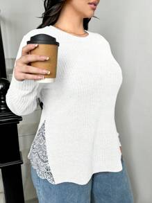 SHEIN Essnce Plus Size Women's Autumn And Winter Brushed Round Neck Lace Patchwork White Long Sleeve T-Shirt,Fall Clothes,Winter Tops,Warm Tops,Fall Women Outfits,Fall Shirts,Long Sleeves Woman,Curv Tops,Cruise Women Outfits,Work Tops,Teacher Clothes