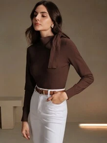 Anewsta 女士优雅纯色蝴蝶结肩部设计套头衫，适合秋季、冬季、外出、休闲、正式、派对、时尚、新年、圣诞节、工作、毕业、婚礼