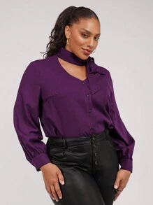 SHEIN Clasi Plus Size Dark Purple Ruffle Collar Blouse, Office Lady Autumn - Purple - View 4