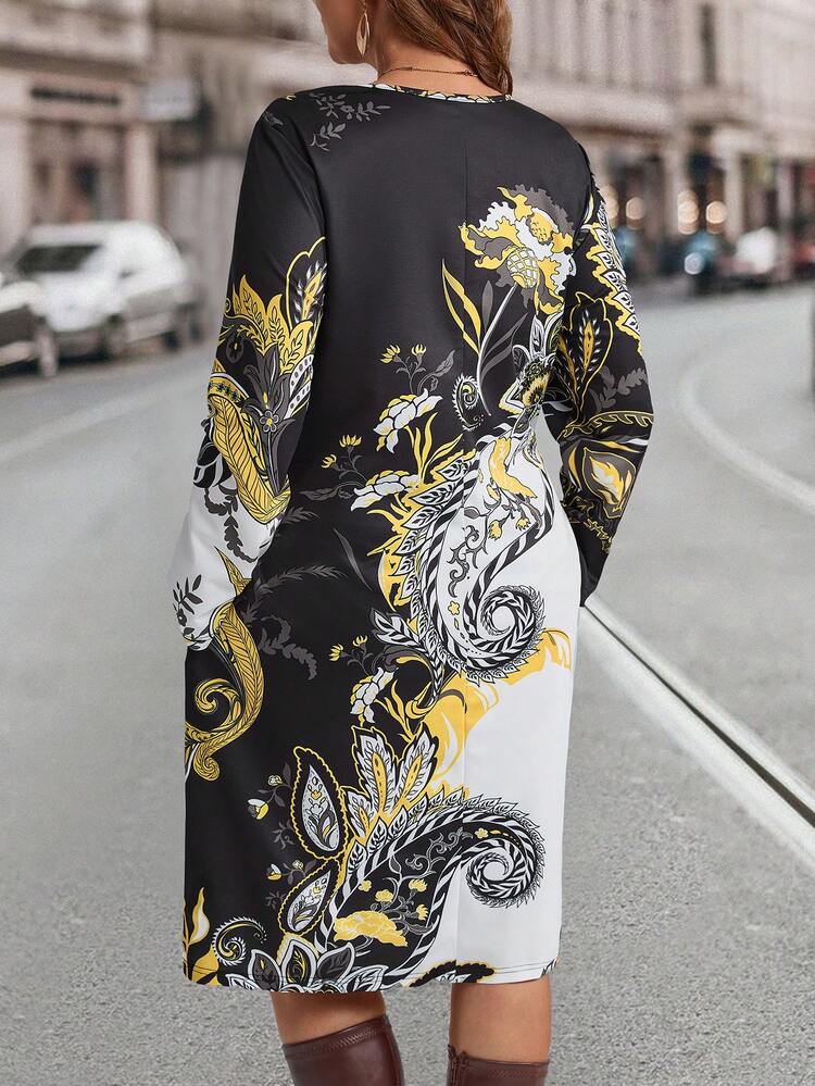 Plus Size Winter Women Long Sleeve Floral Print Round Neck Elegant Commute Pocket Dress,Elegant Women's Clothing