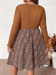 SHEIN VCAY Plus Size Khaki Patchwork Ditsy Floral Round Neck Long Sleeve Midi Dress, Colorblock Casual Warm Thanksgiving Dress