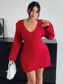 SHEIN Unity 大码纯色纹理花朵装饰毛衣裙，秋冬新品 - 紅色 - 查看 6